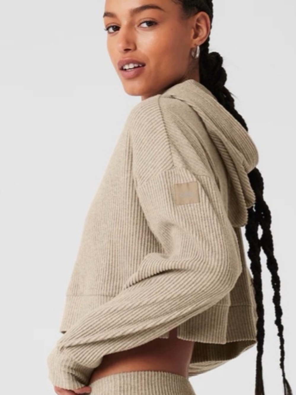 ALO Yoga Ribbed Cropped Hoodie in Taupe Beige